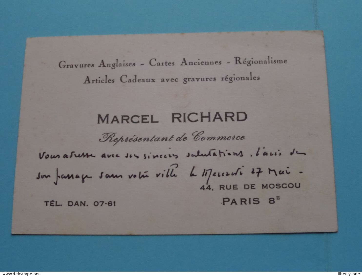 MARCEL RICHARD Représantant De Commerce > Rue De Moscou 44 ( Paris 8 ) Tél Dan 07-61 ( Voir / Zie SCAN ) FRANCE ! - Visiting Cards