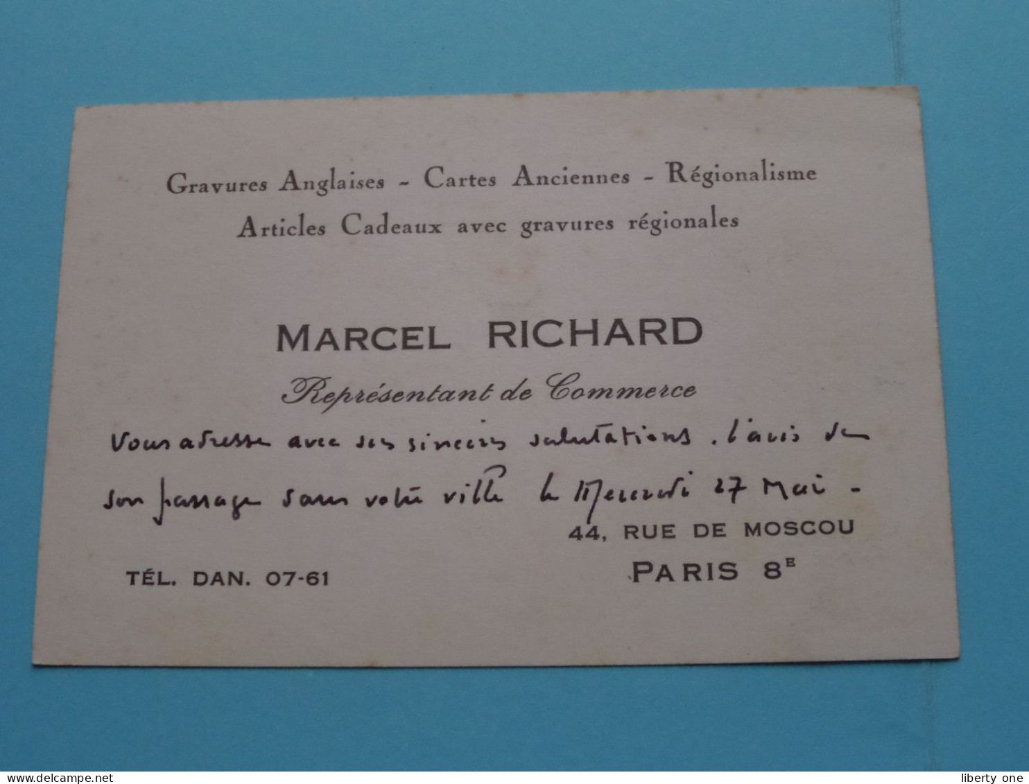 MARCEL RICHARD Représantant De Commerce > Rue De Moscou 44 ( Paris 8 ) Tél Dan 07-61 ( Voir / Zie SCAN ) FRANCE ! - Cartoncini Da Visita