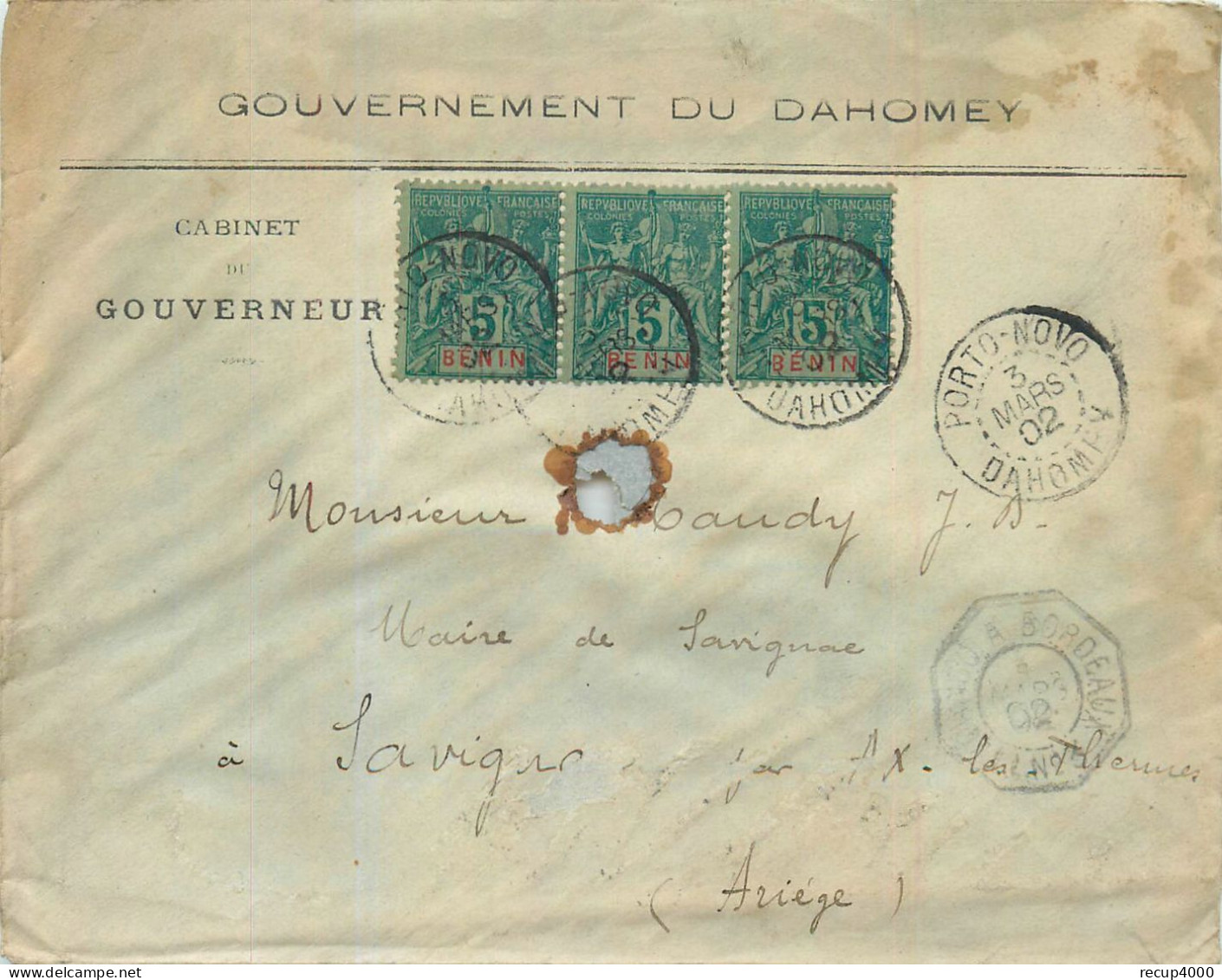LETTRE DAHOMEY 3 Timbres Du Benin 5c Vert  Cachet Paquebot Arrivée Bordeaux 1902 2scans - Briefe U. Dokumente