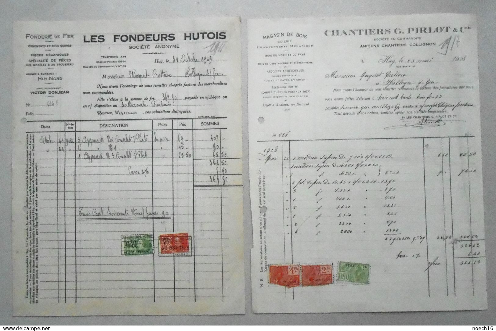 Lot 9 Factures Huy / Fonderies, Scierie, Huiles Et Graisses Pour L'Industrie, Denrées Coloniales - Autres & Non Classés