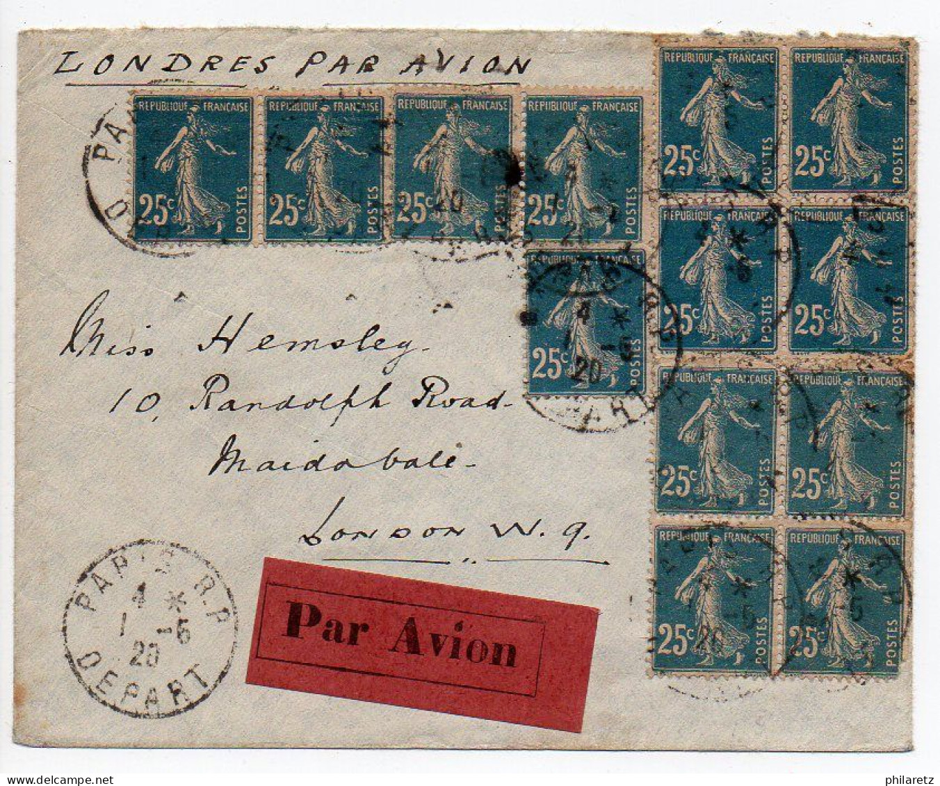 25c Bleu Semeuse Camée (n° 140) X13 Sur Lettre PAR AVION Du 1.6.1920 De Paris Pour Londres - Altri & Non Classificati