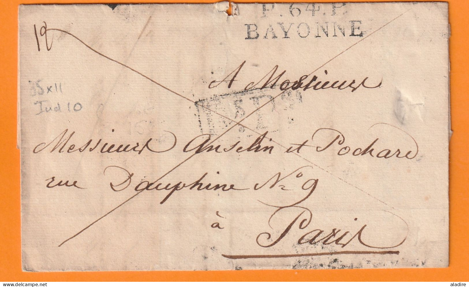 1823 - Marque Postale P64P BAYONNE Sur Lettre Pliée Vers PARIS  - Dateur En Arrivée - 1801-1848: Precursors XIX