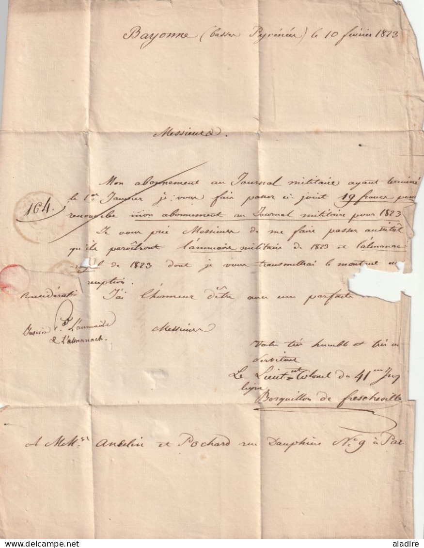 1823 - Marque Postale P64P BAYONNE Sur Lettre Pliée Vers PARIS  - Dateur En Arrivée - 1801-1848: Precursors XIX