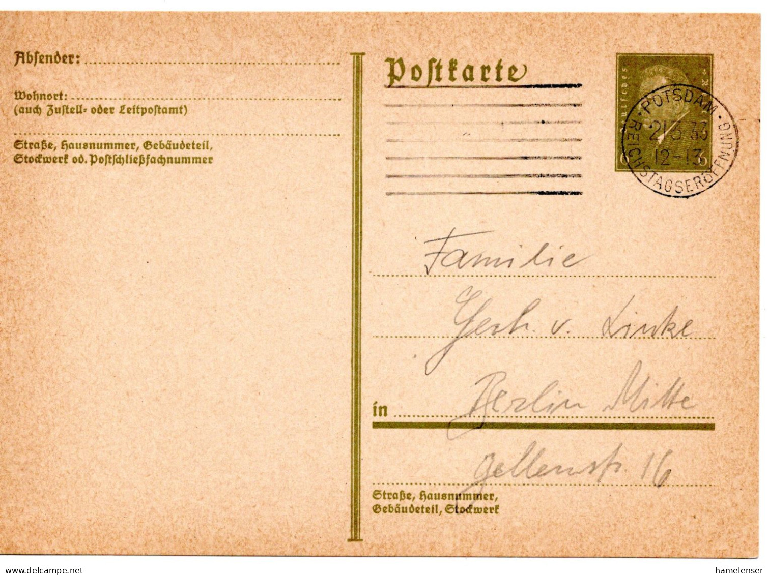 61928 - Deutsches Reich - 1933 - 6Pfg Ebert GAKte POTSDAM REICHSTAGSEROEFFNUNG -> Berlin - Briefe U. Dokumente
