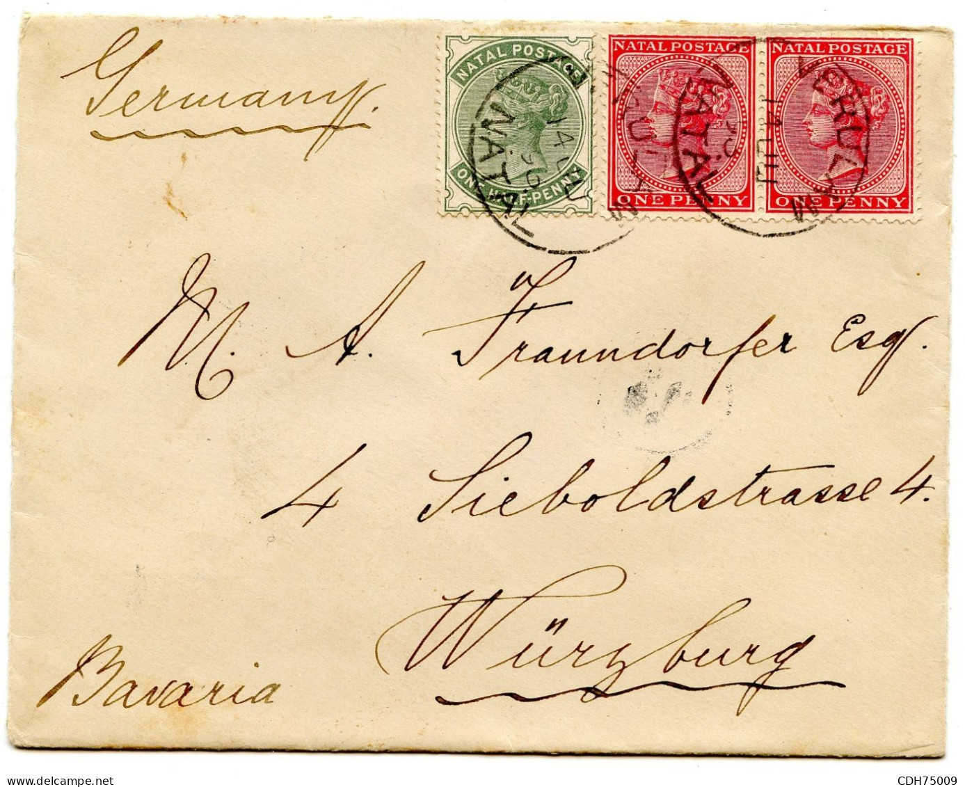 EX-COLONIES ANGLAISES - NATAL - LETTRE DE VERULAM POUR WURZBURG, 1896 - Natal (1857-1909)