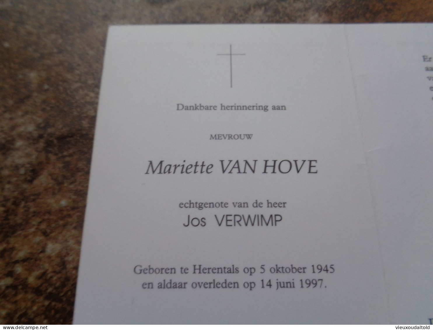 Doodsprentje/Bidprentje  Mariette VAN HOVE   Herentals 1945-1997  (Echtg Jos VERWIMP) - Religion & Esotérisme