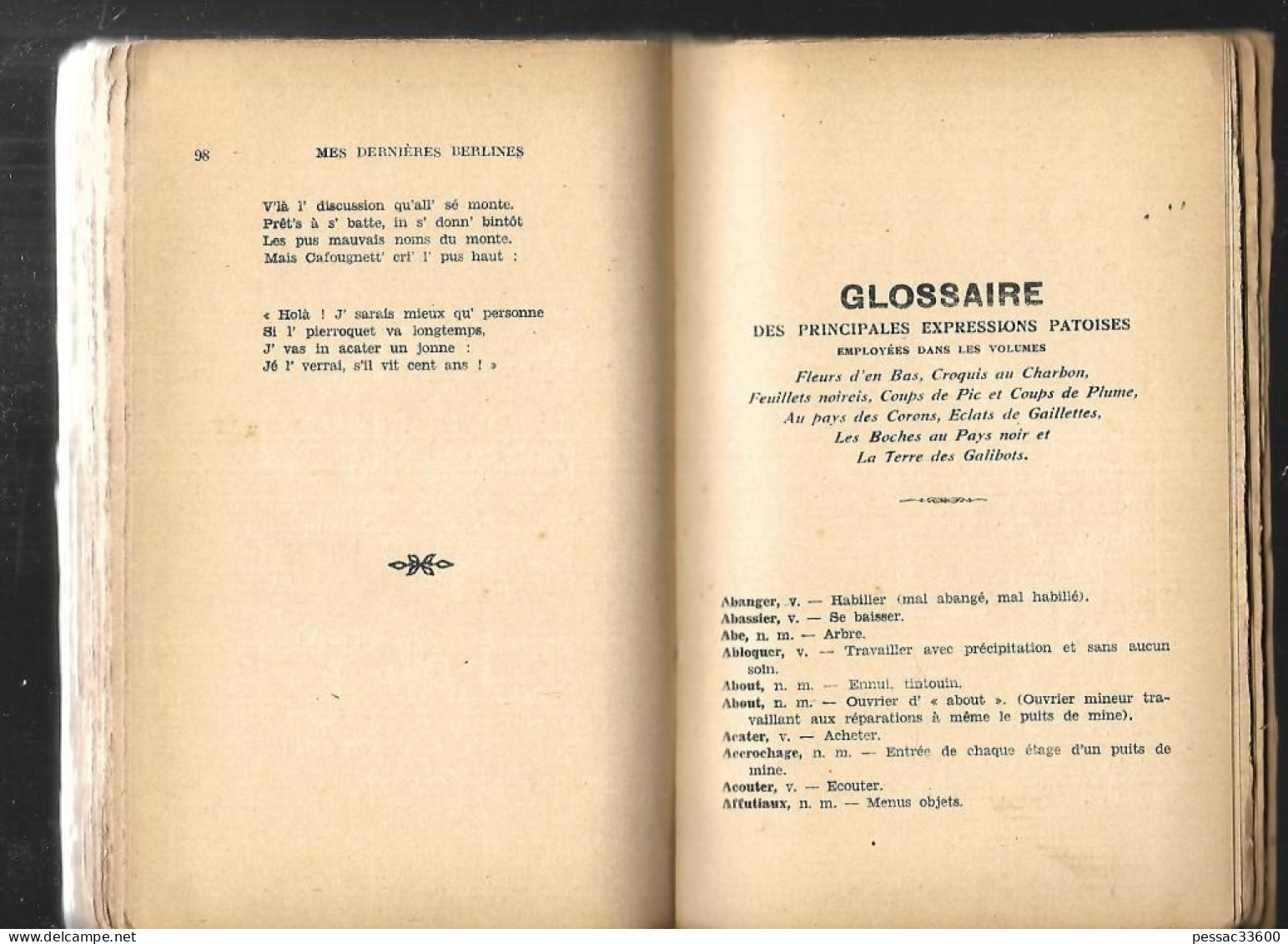 Mes dernières berlines Jules Mousseron « mœurs et coutumes du pays minier, poésies et monologues en patois du nord