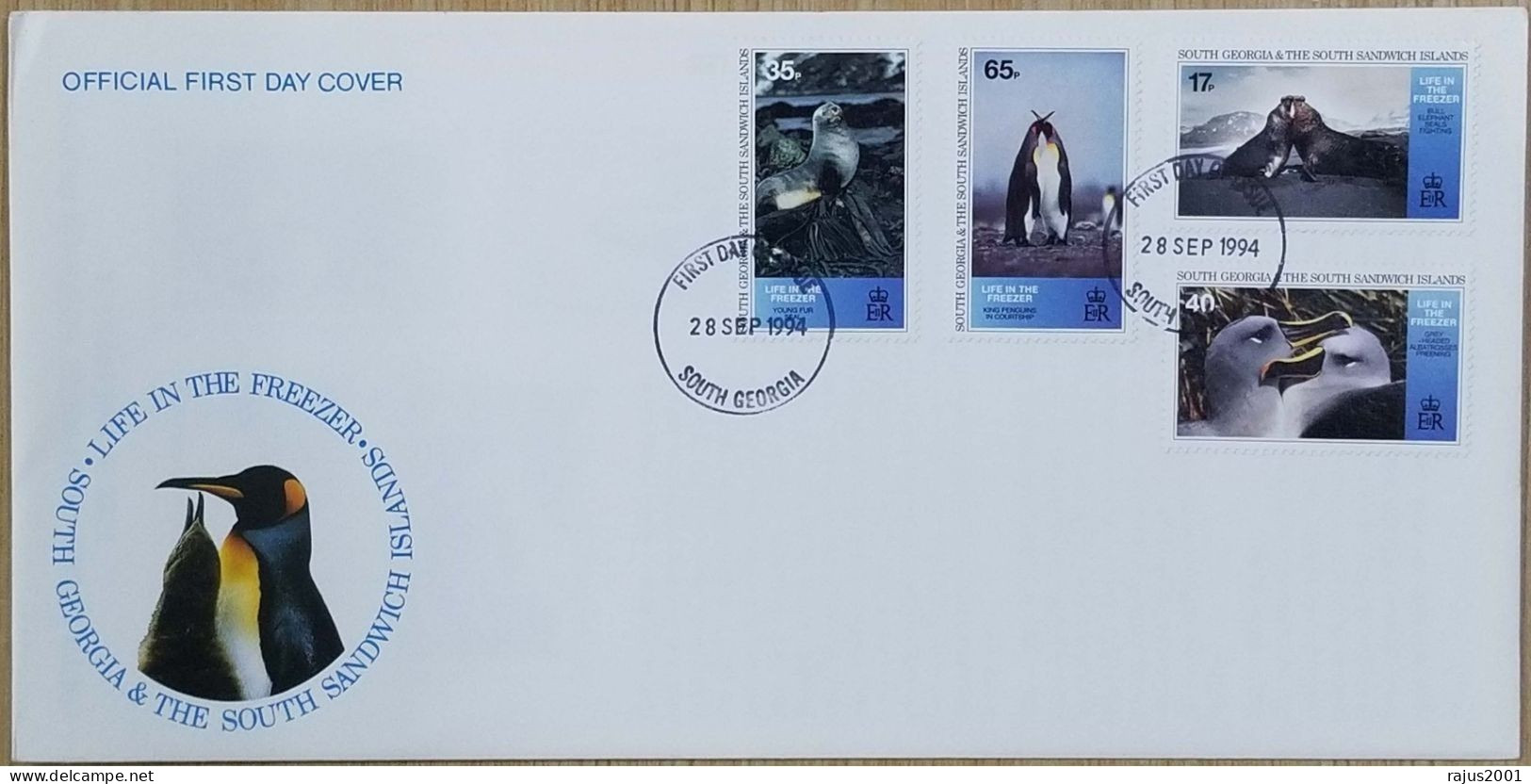 Life In The Freezer, Elephant Seal, Albatross, Penguin, Penguins, Bird, Marine Life, Sea Mammal, South Georgia FDC 1994 - Pingouins & Manchots