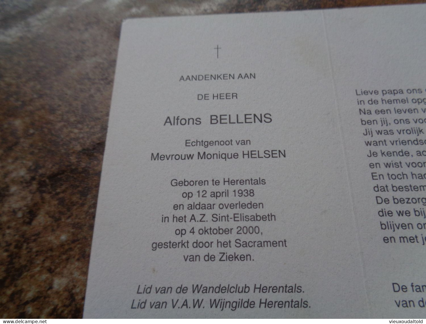 Doodsprentje/Bidprentje  Alfons BELLENS   Herentals 1938-2000  (Echtg Monique HELSEN) - Religion & Esotérisme