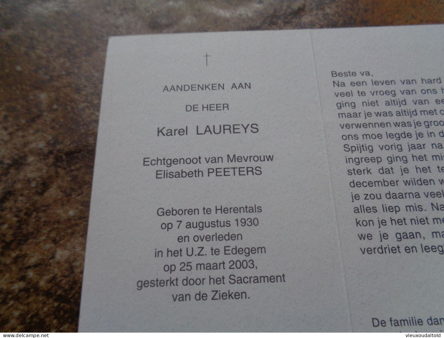 Doodsprentje/Bidprentje  Karel LAUREYS   Herentals 1930-2003 Edegem  (Echtg Elisabeth PEETERS) - Religion & Esotérisme