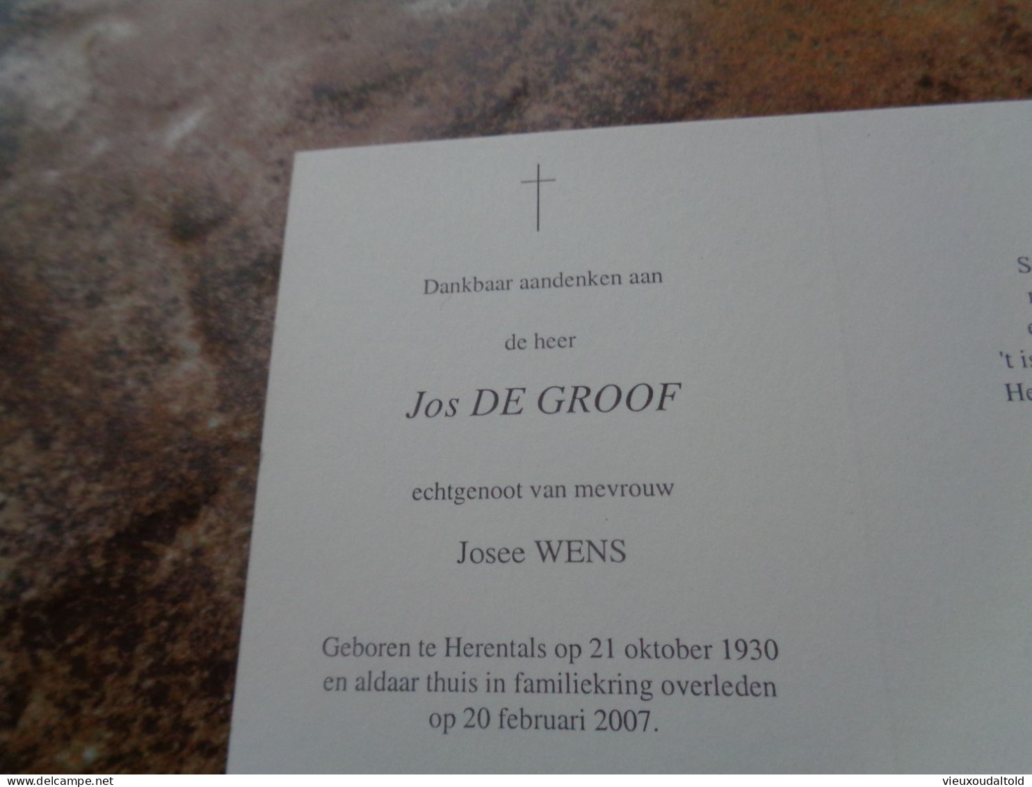 Doodsprentje/Bidprentje  Jos DE GROOF   Herentals 1930-2007   (Echtg Josee WENS) - Religion & Esotérisme