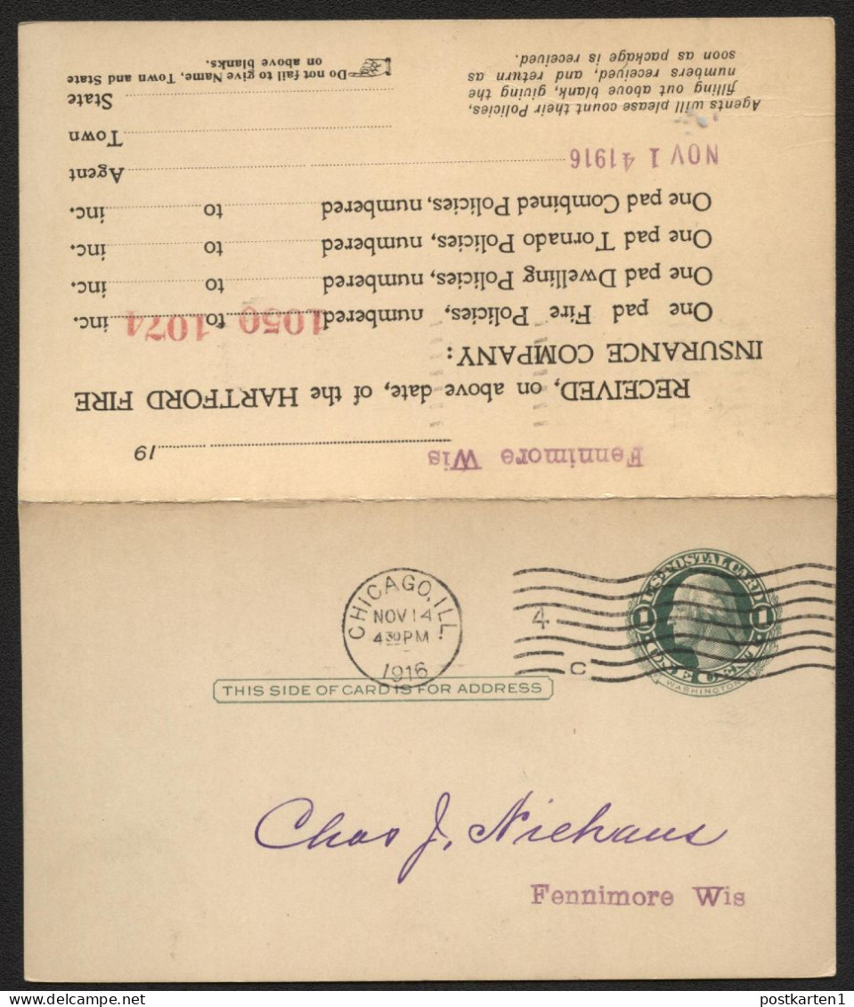 UY7 Sep.1 Postal Card With Reply Chicago IL - Fennimore WI 1916 - 1901-20