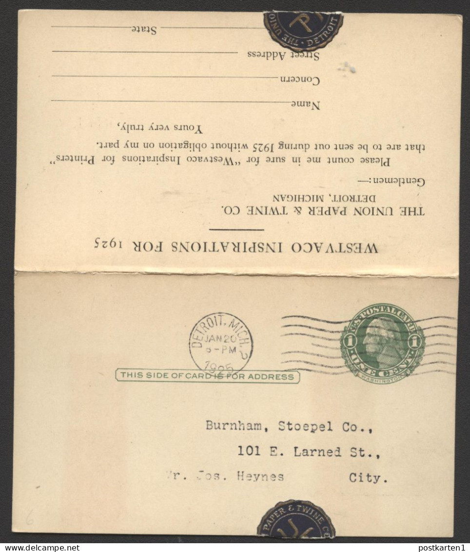 UY7 Sep.1 Postal Card With Reply Detroit MI 1925 - 1901-20