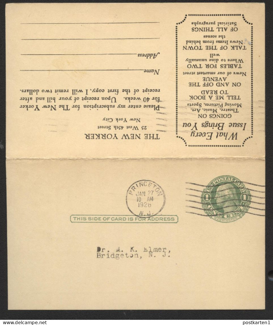 UY7 Sep.1 Postal Card With Reply Princeton NJ - Bridgeton NJ 1926 - 1901-20