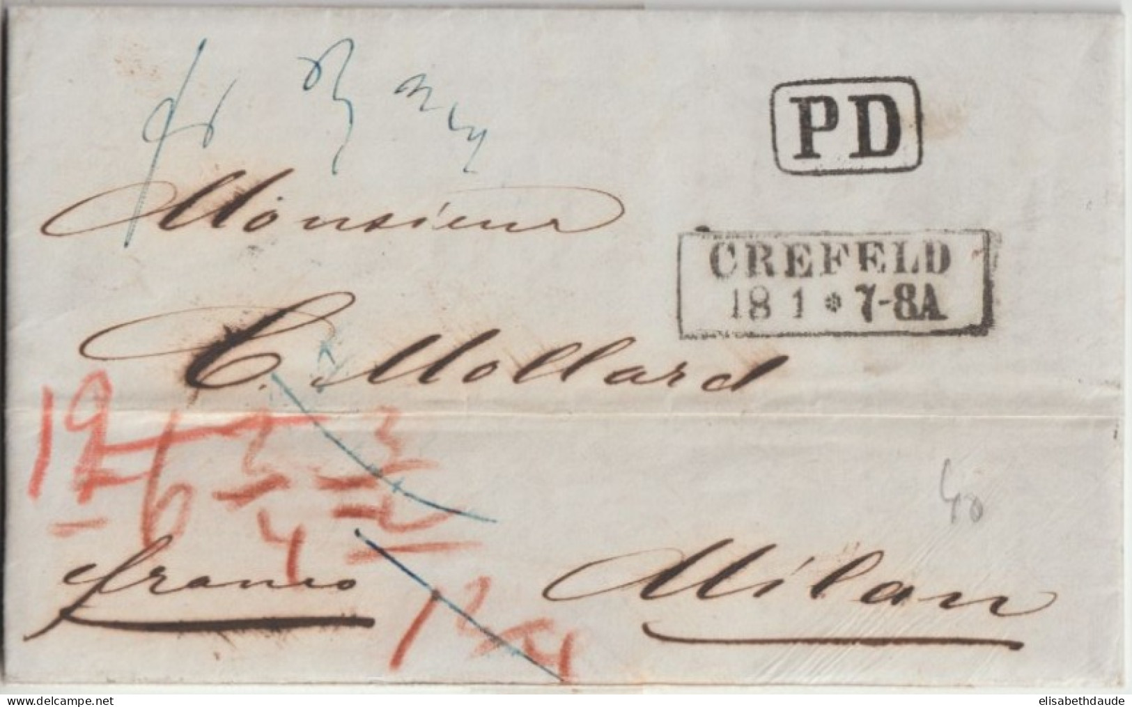 1860 - LETTRE "FRANCO" ! De CREFELD => MILANO ! Via SUISSE - Briefe U. Dokumente