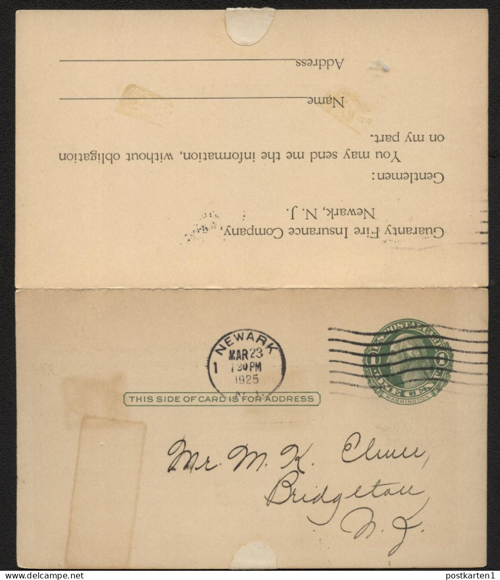 UY7 Sep.1 Postal Card With Reply Newark NJ - Bridgeton NJ 1925 - 1901-20