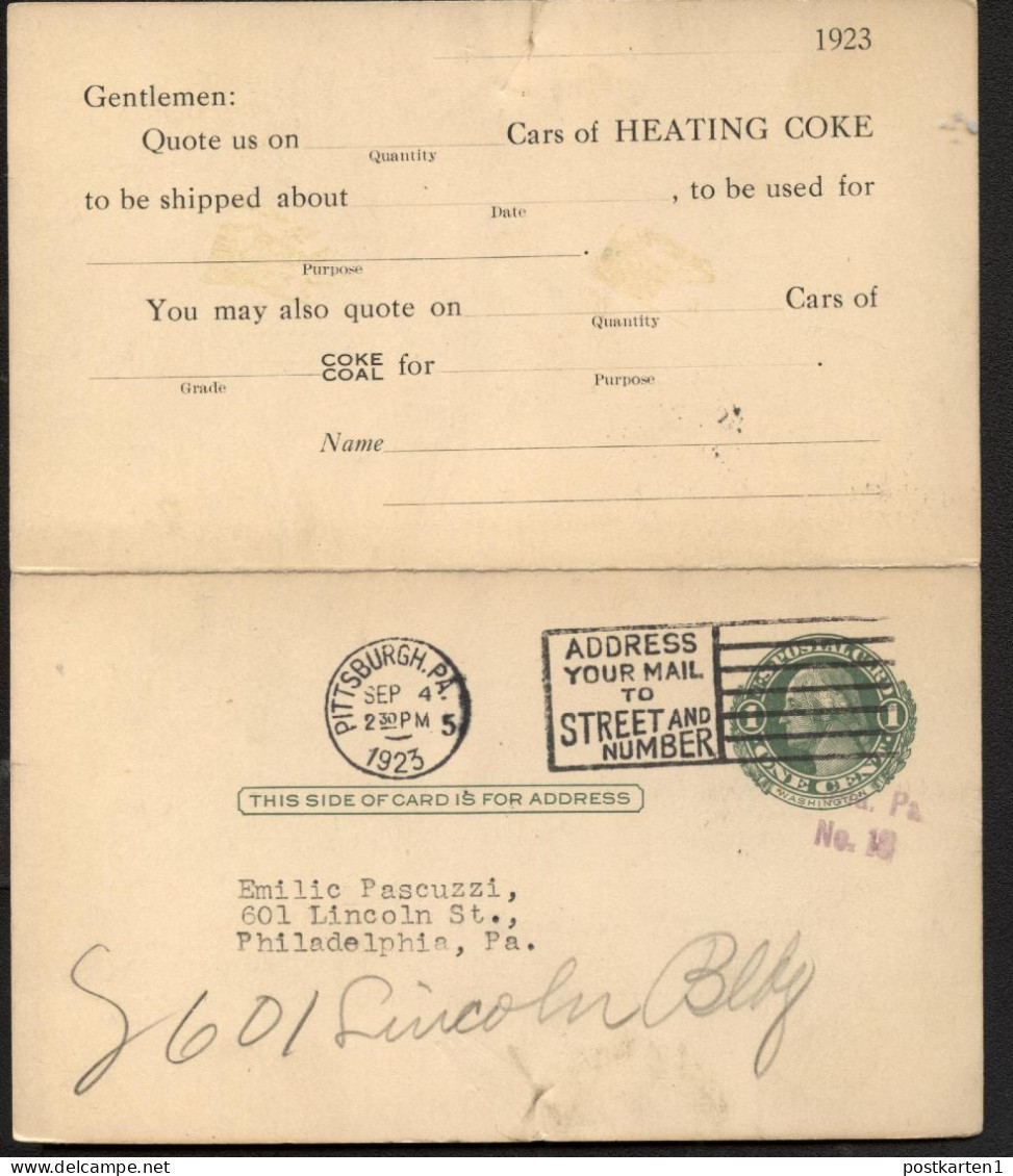 UY7 Sep.1 Postal Card With Reply Pittsburgh PA - Philadelphia PA 1922 - 1901-20