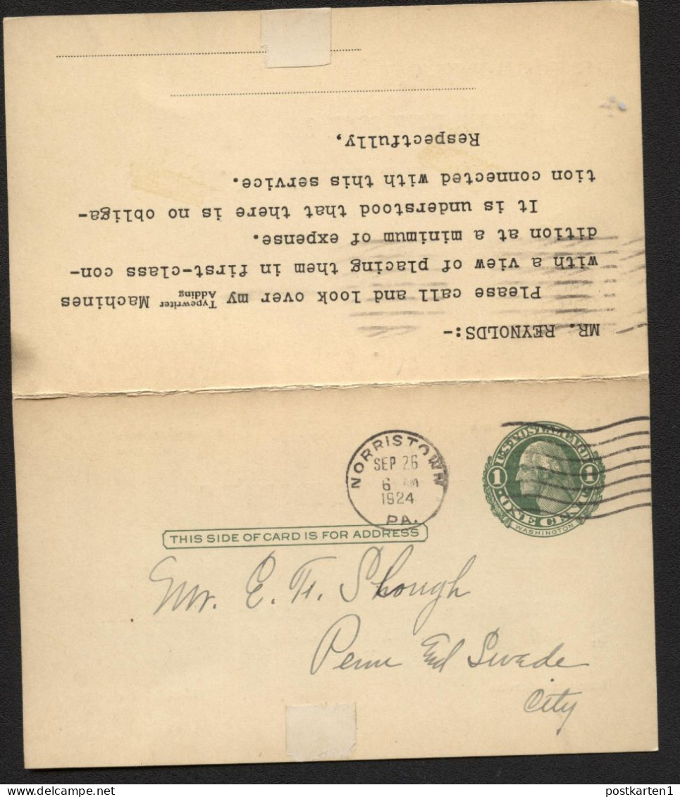 UY7 Sep.1 Postal Card With Reply Norristown PA 1924 - 1901-20