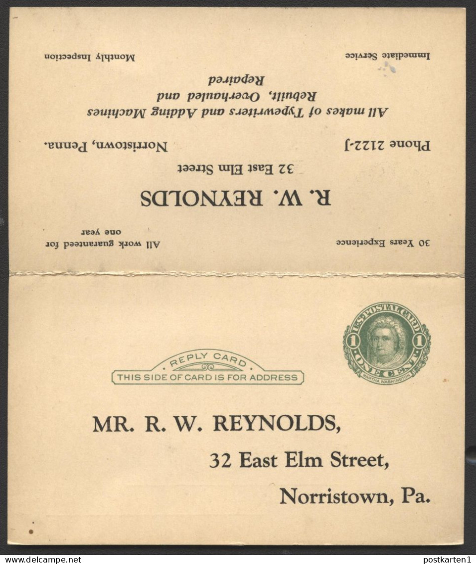 UY7 Sep.1 Postal Card With Reply Norristown PA 1924 - 1901-20
