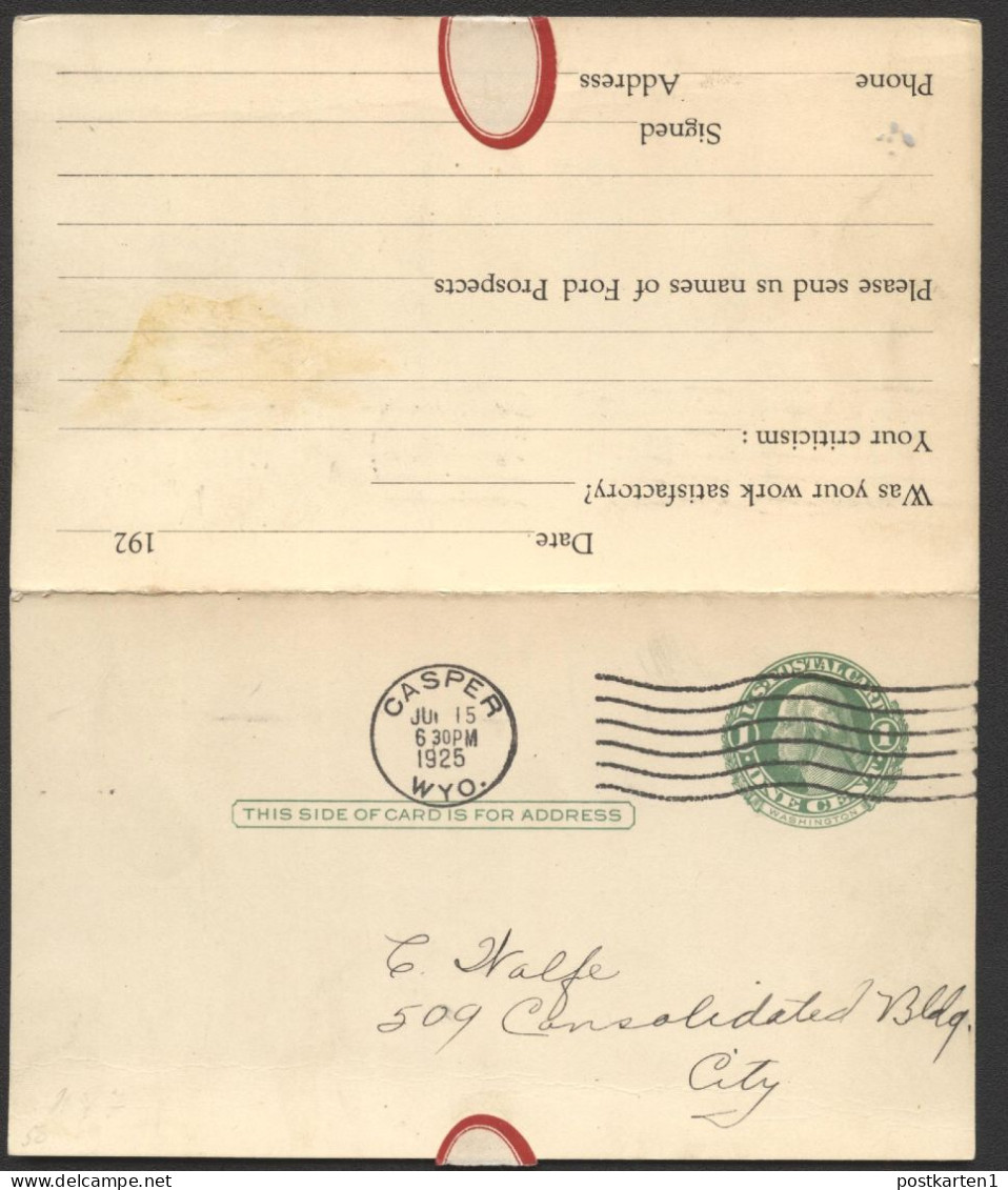 UY7 Sep.1 Postal Card With Reply Casper WY 1925 - 1901-20