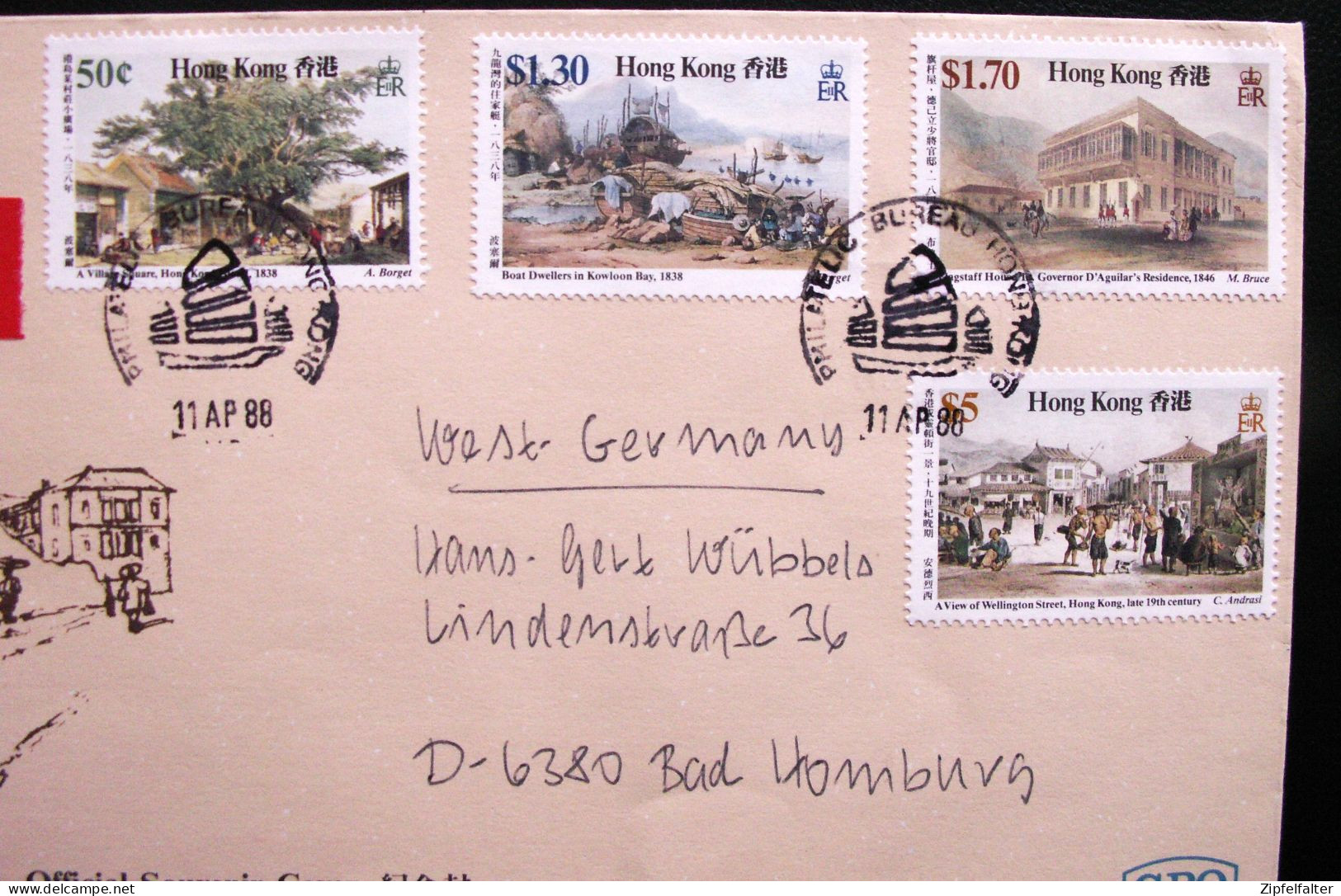 LuPo-Express-Brief MiF Hongkong 11.4.89 Nach Bad Homburg. Rückseite AK Frankfurt-Flughafen.Historical Scenes Of Hongkong - Covers & Documents