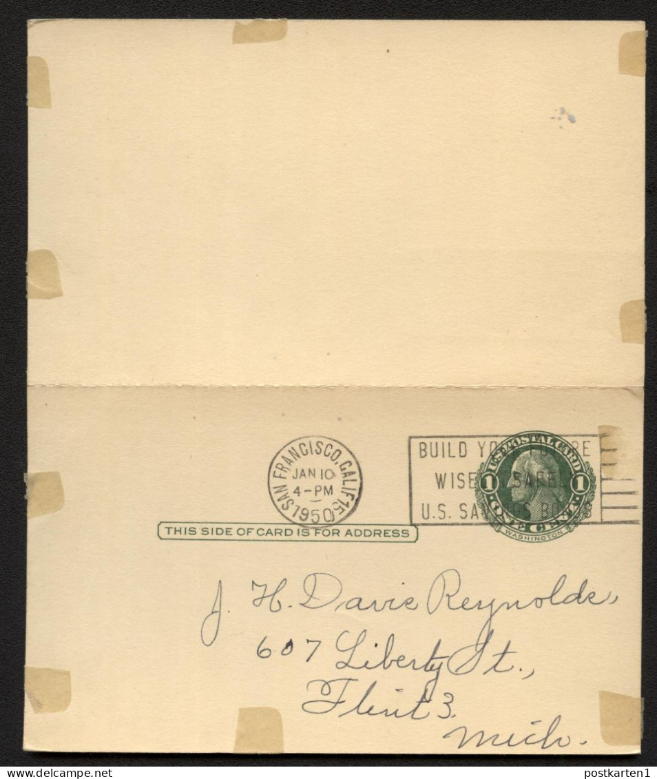 UY7 Sep.4 Postal Card With Reply Used San Francisco CA 1950 PLATE FLAW - 1901-20
