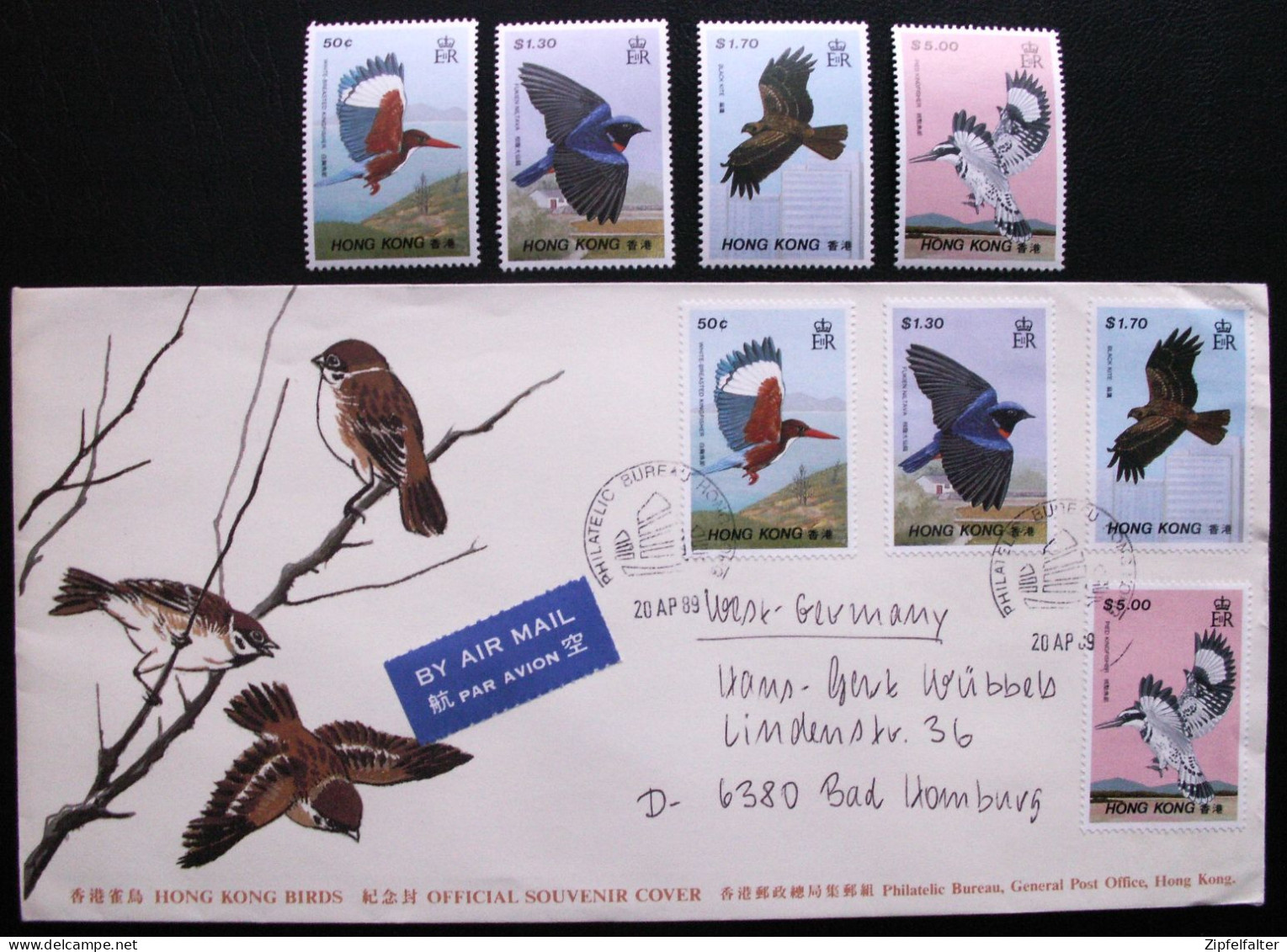 Luftpost-Satzbrief MiF "Hong Kong Birds"  20.4.89 Nach D-Bad Homburg Plus 1 Satz ** Postfrisch. Siehe 3 Bilder. - Storia Postale