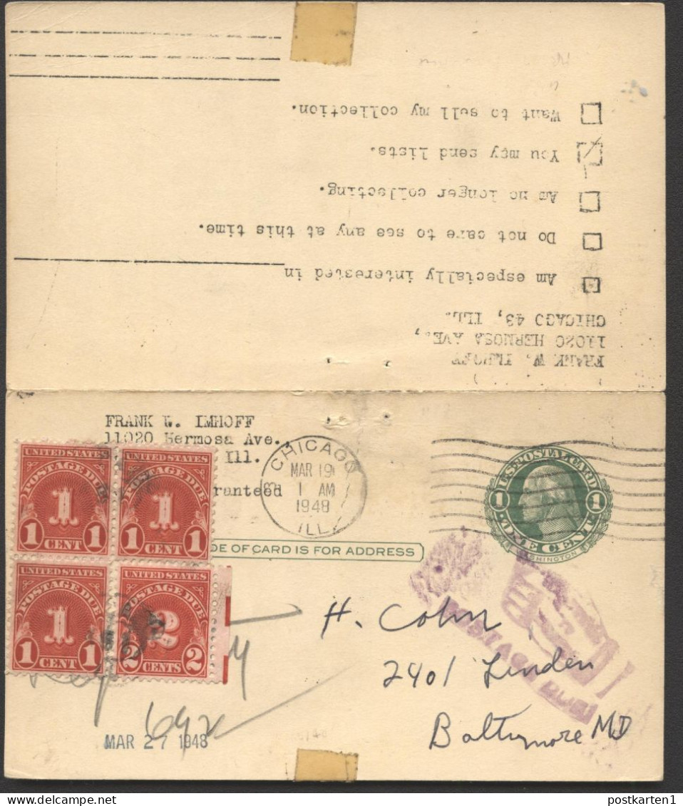 UY7 Postal Card With Reply Chicago IL POSTAGE DUE RETURNED 1948 - 1901-20