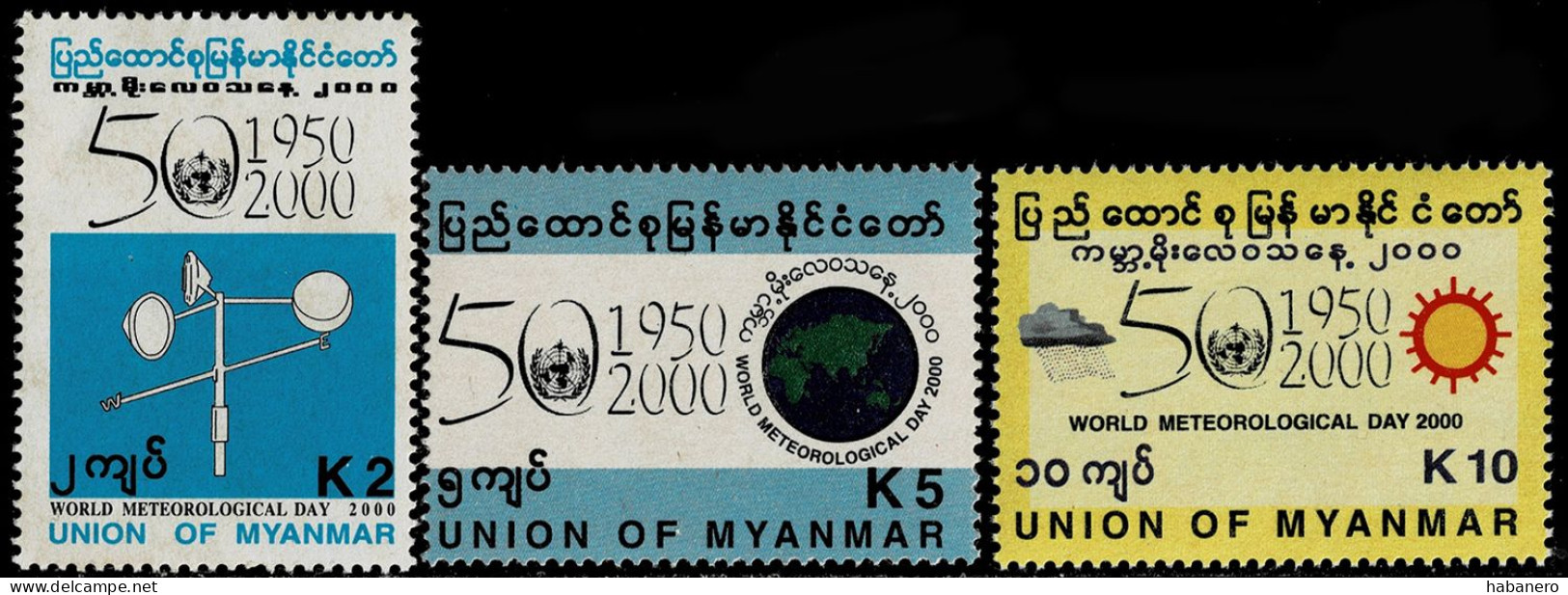 MYANMAR 2000 Mi 352-354 50th ANNIVERSARY OF INTERNATIONAL METEOROLOGY ORG. MINT STAMPS ** - Climate & Meteorology