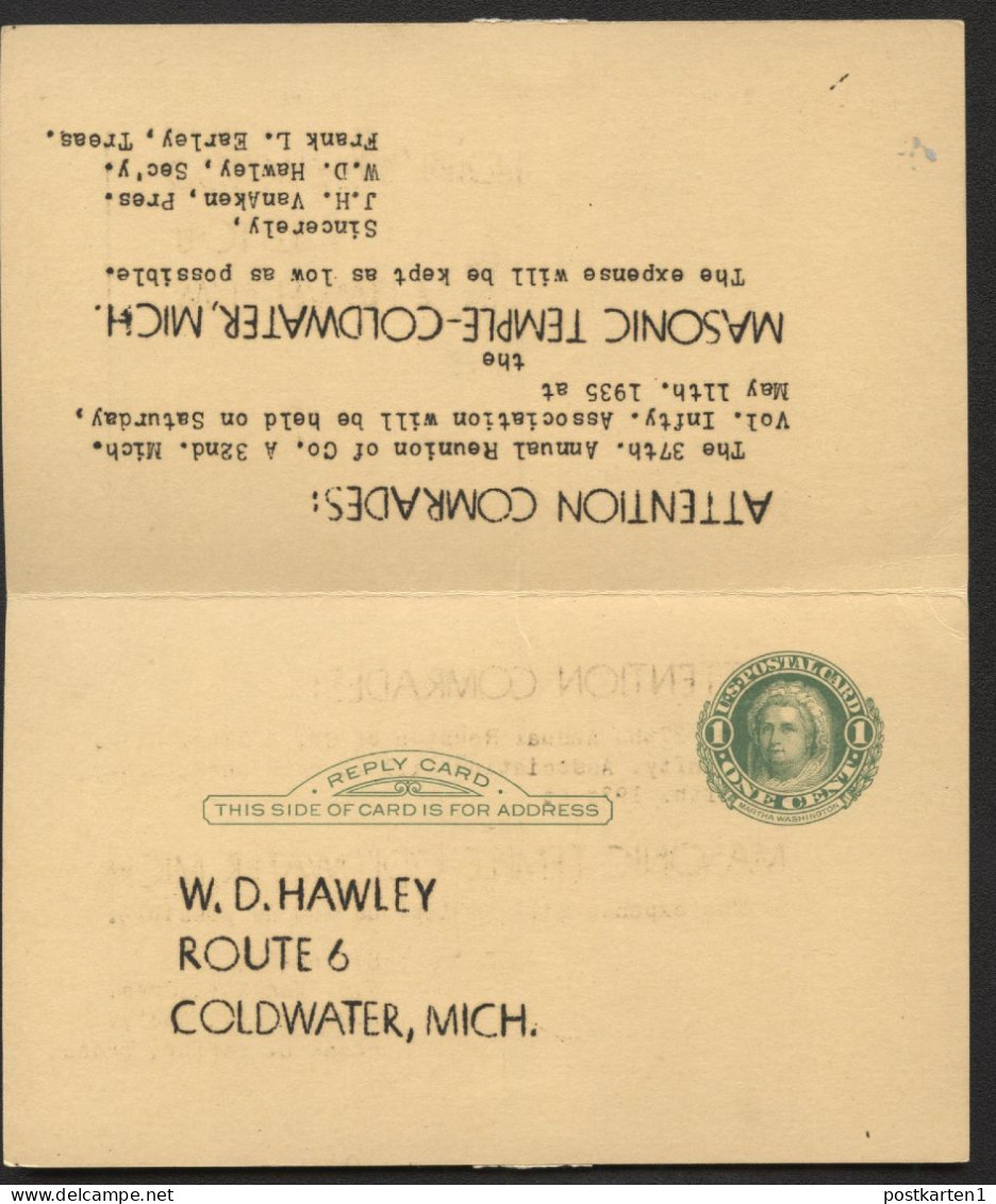 UY7 Postal Card With Reply Coldwater MI To Union City MI FORWARDED Cleveland OH 1935 - 1901-20
