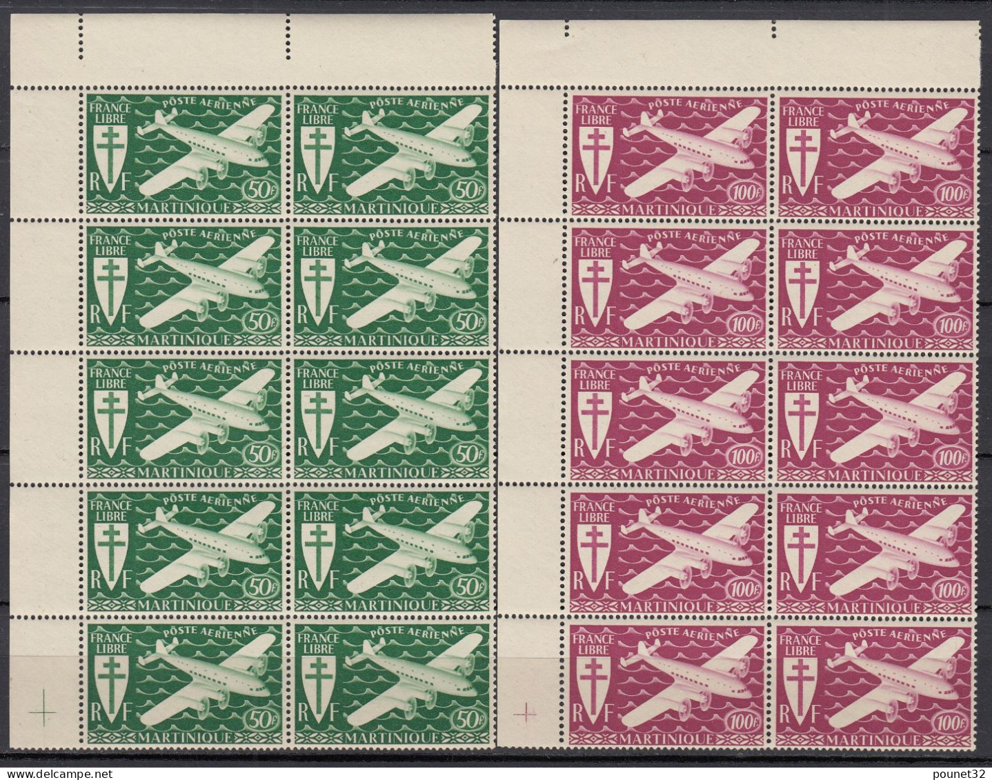 TIMBRE MARTINIQUE POSTE AERIENNE N° 4 & 5 EN BLOCS DE 10 NEUFS ** GOMME SANS CHARNIERE - Airmail