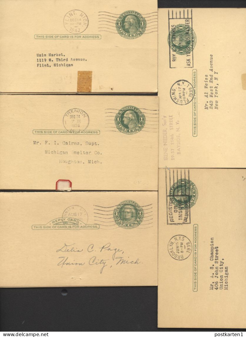 UY7 Sep.4 5 Postal Cards With Reply Used MI NJ And NY 1936-43 - 1901-20