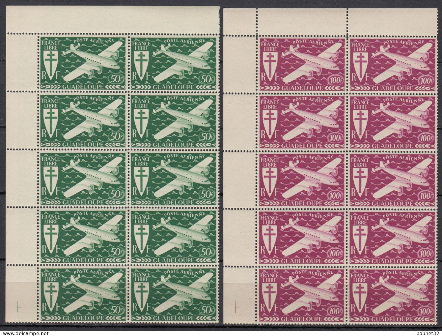 TIMBRE GUADELOUPE POSTE AERIENNE N° 4 & 5 EN BLOCS DE 10 NEUFS ** GOMME SANS CHARNIERE - Luftpost