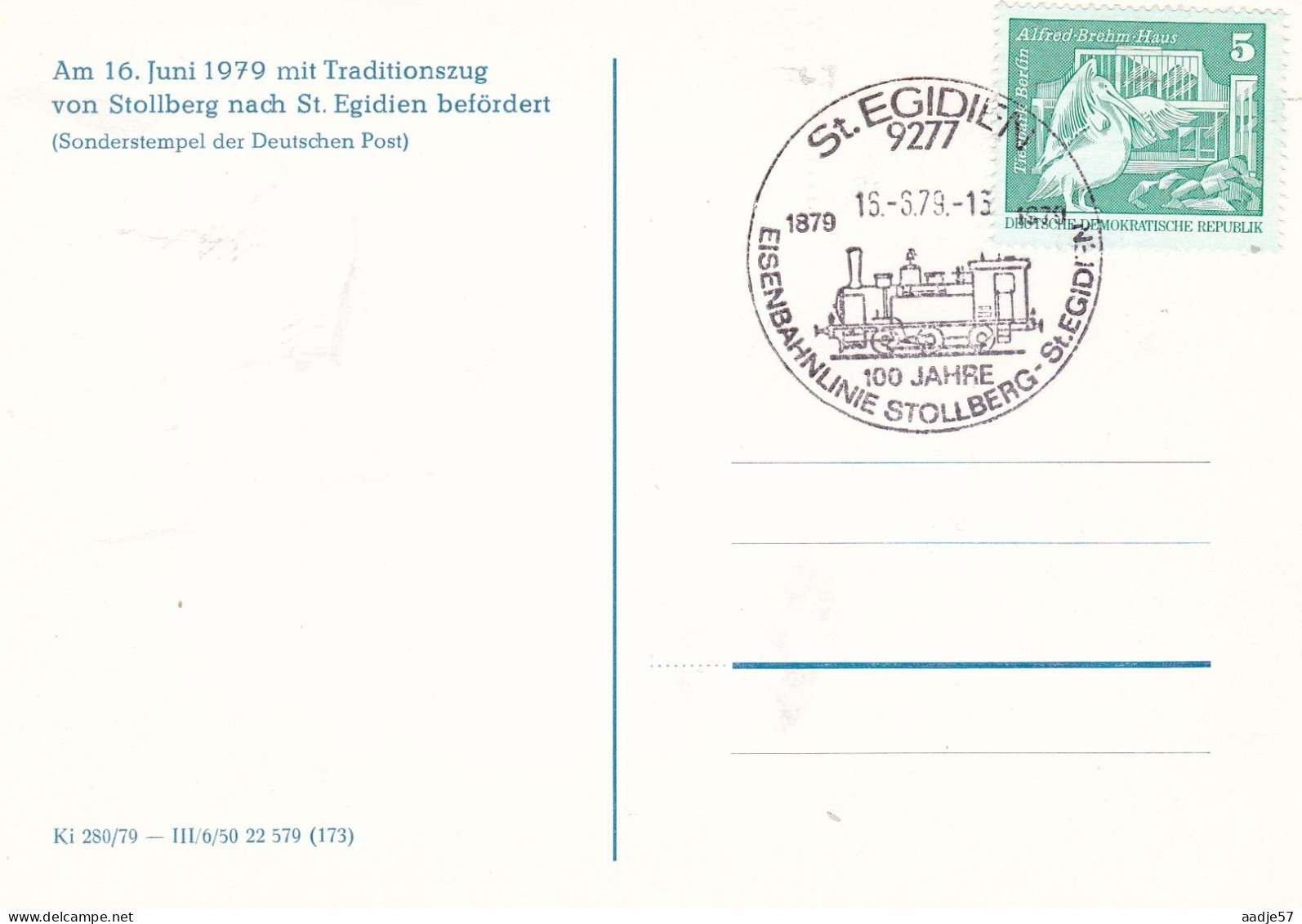 Germany DDR  Spec Card 100 Jahre Eisenbahnlinie Stollberg - St. Egidien  16-08-1979 - Tramways