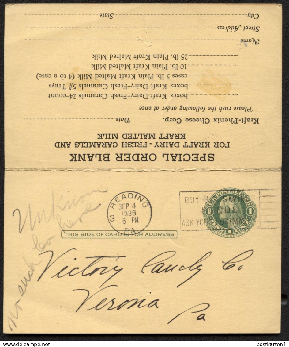 UY7 Postal Card With Reply Reading PA - Verona PA BOTH CARDS USED 1936 - 1901-20