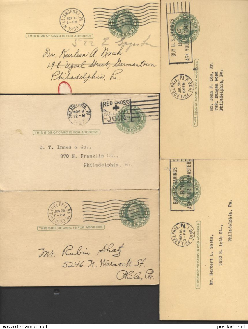 UY7 Sep.4 5 Postal Cards With Reply Used Williamsport + Philadephia PA 1927-39 - 1901-20