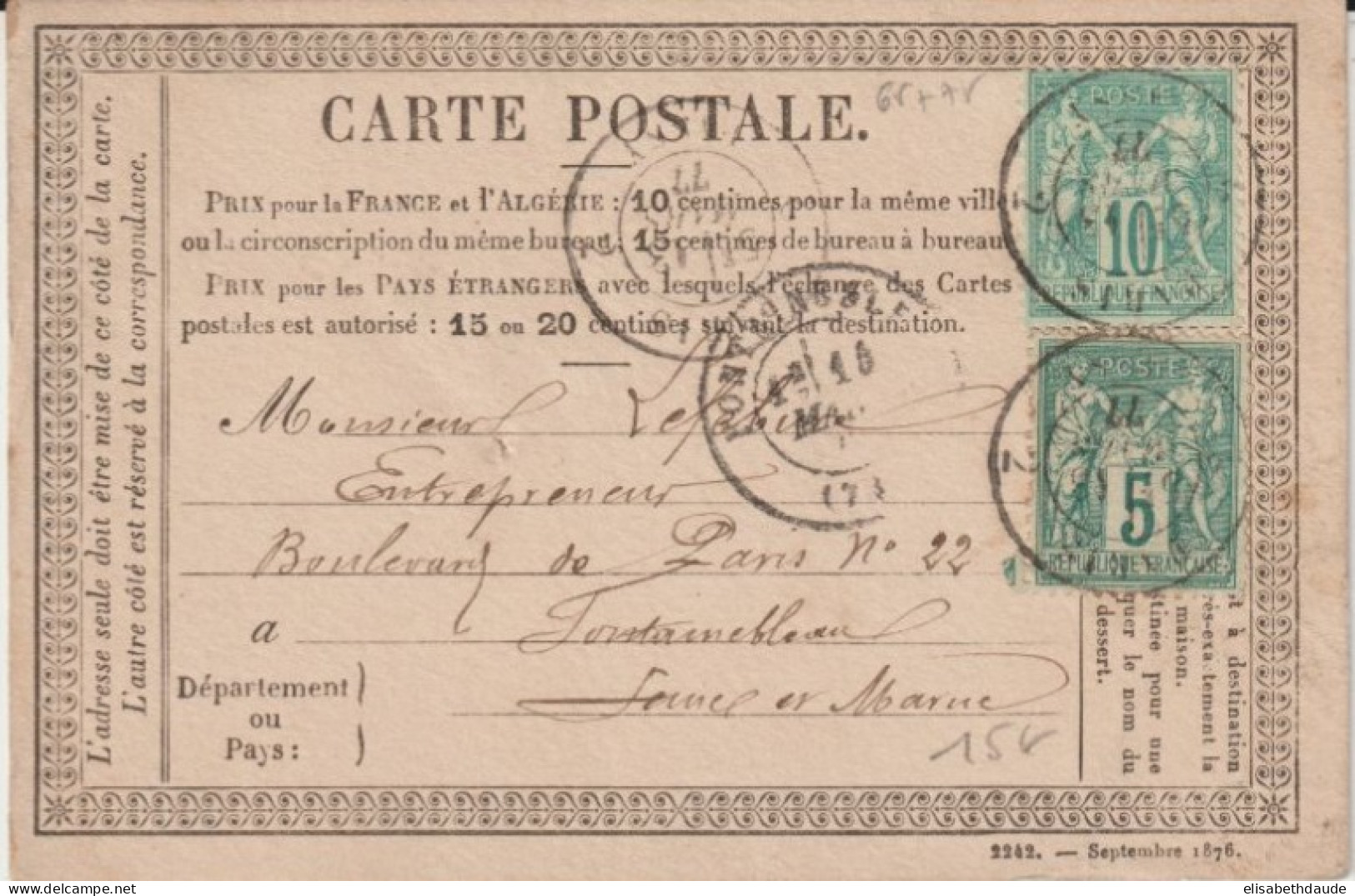 1877 - SAGE MIXTE N/B + N/U ! CARTE PRECURSEUR ! De PARIS => FONTAINEBLEAU - 1876-1878 Sage (Type I)