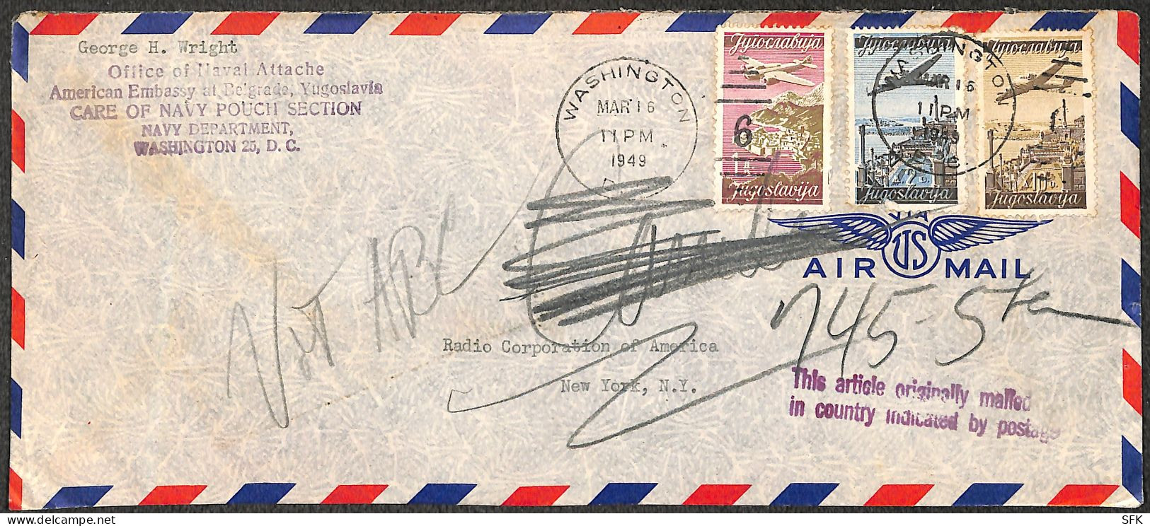 1949 Airmail To Washington. The American Military Mission Used Yugoslav Stamps For Letter Shipments To America. VF - Luftpost