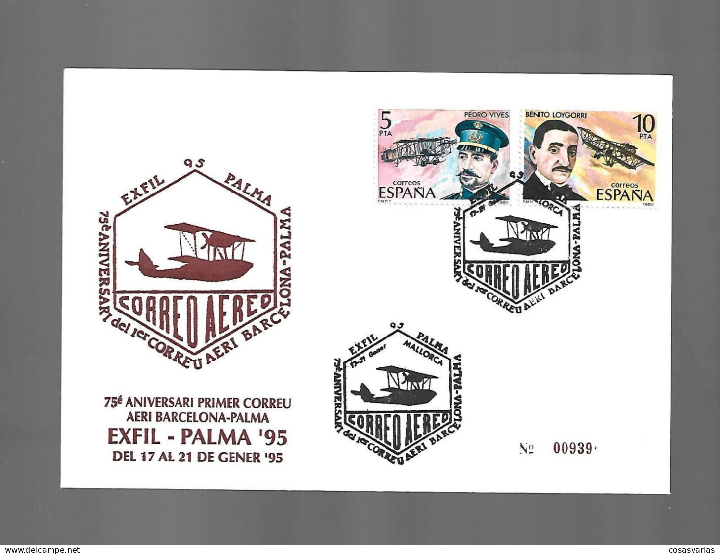 ANIVERSARIO PRIMER CORREO AEREO BARCELONA PALMA MALLORCA 1995 MATASELLO ESPECIAL CONMEMORATIVO LETTRE COVER - Herdenkingsblaadjes