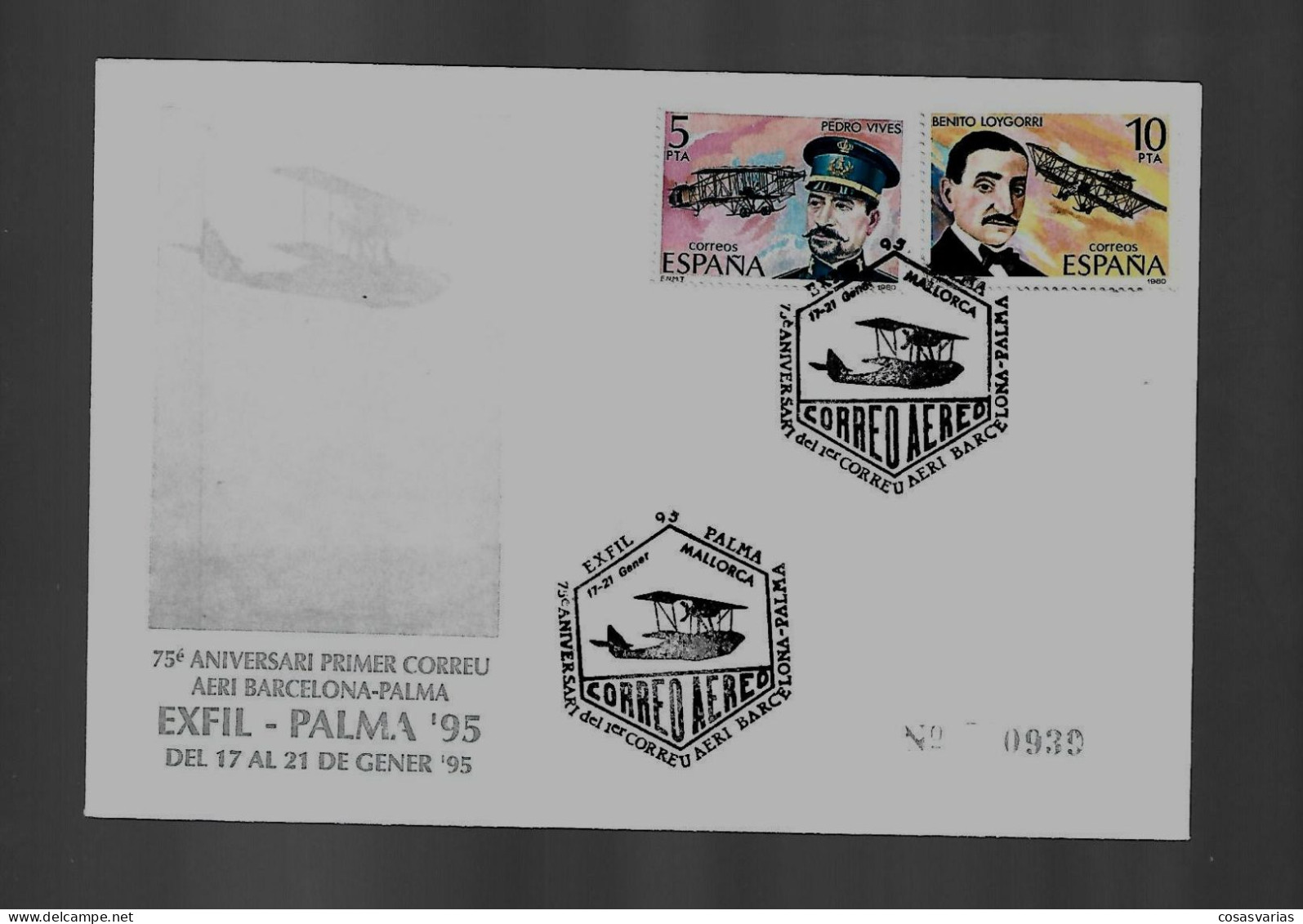 ANIVERSARIO PRIMER CORREO AEREO BARCELONA PALMA MALLORCA 1995 MATASELLO ESPECIAL CONMEMORATIVO LETTRE COVER - Hojas Conmemorativas