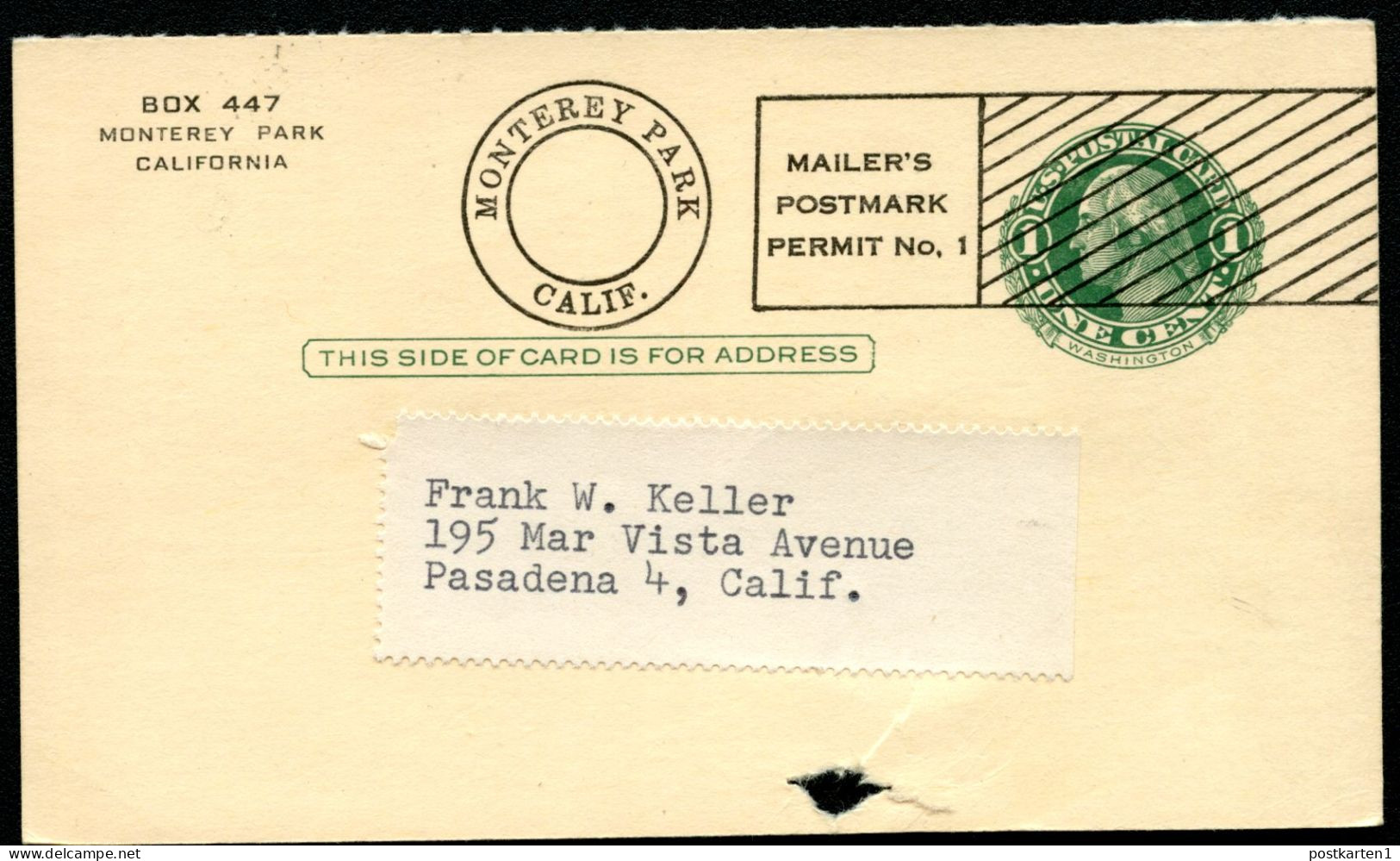 UY7m Postal Card Monterey Park CA 1951 MAILERS POSTMARK PERMIT - 1901-20