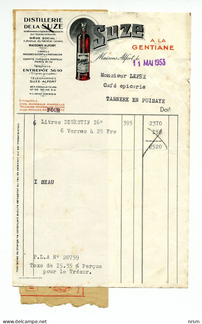 Bistrot / Facture SUZE / 1953 - Invoices
