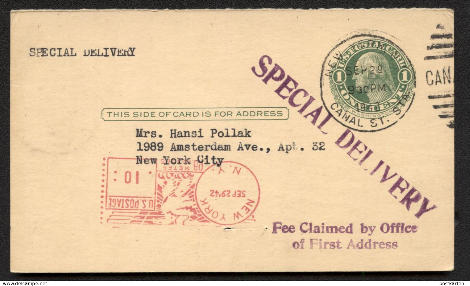 UY7m Postal Card New York NY 1942 SPECIAL DELIVERY - 1901-20