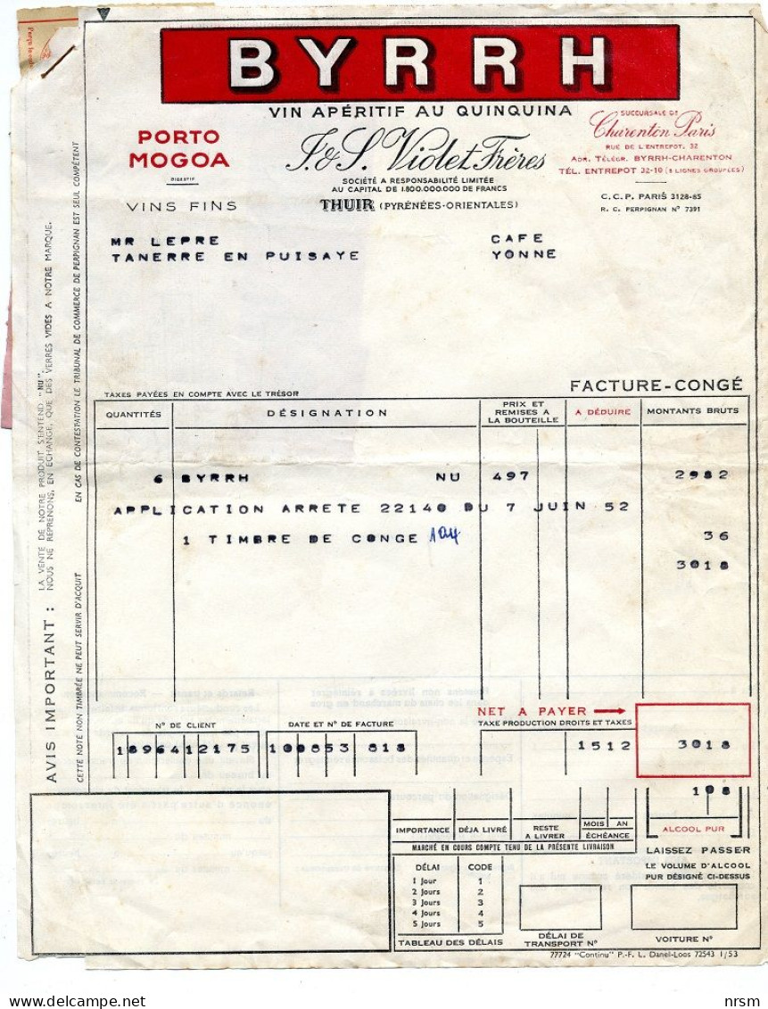 Bistrot / BYRRH - Thuir (66) / Facture 1953 - Fatture