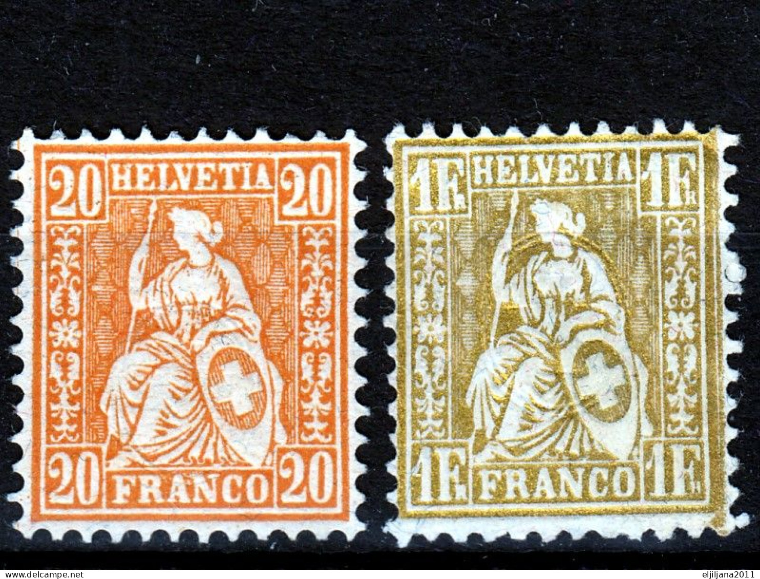 ⁕ Switzerland - SVIZZERA - SUISSE 1862 - 1881 ⁕ SEATED HELVETIA 20 C. & 1 Fr. Franco ⁕ 2v Unused - No Gum - Neufs