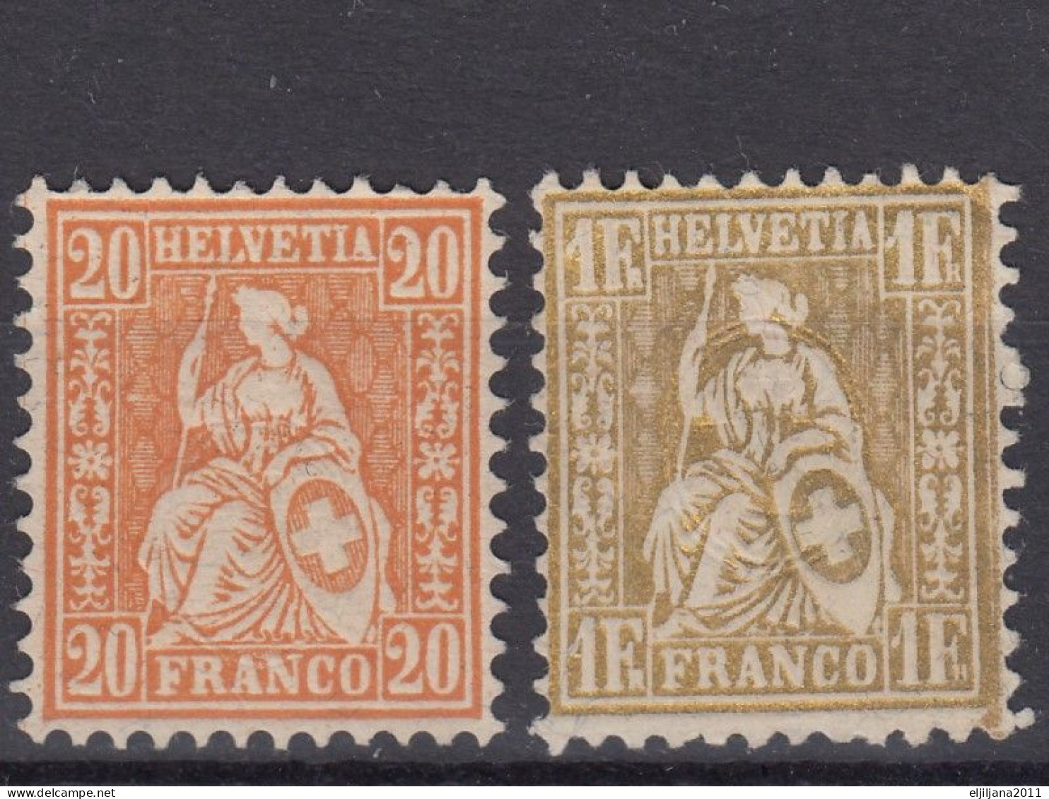 ⁕ Switzerland - SVIZZERA - SUISSE 1862 - 1881 ⁕ SEATED HELVETIA 20 C. & 1 Fr. Franco ⁕ 2v Unused - No Gum - Nuovi