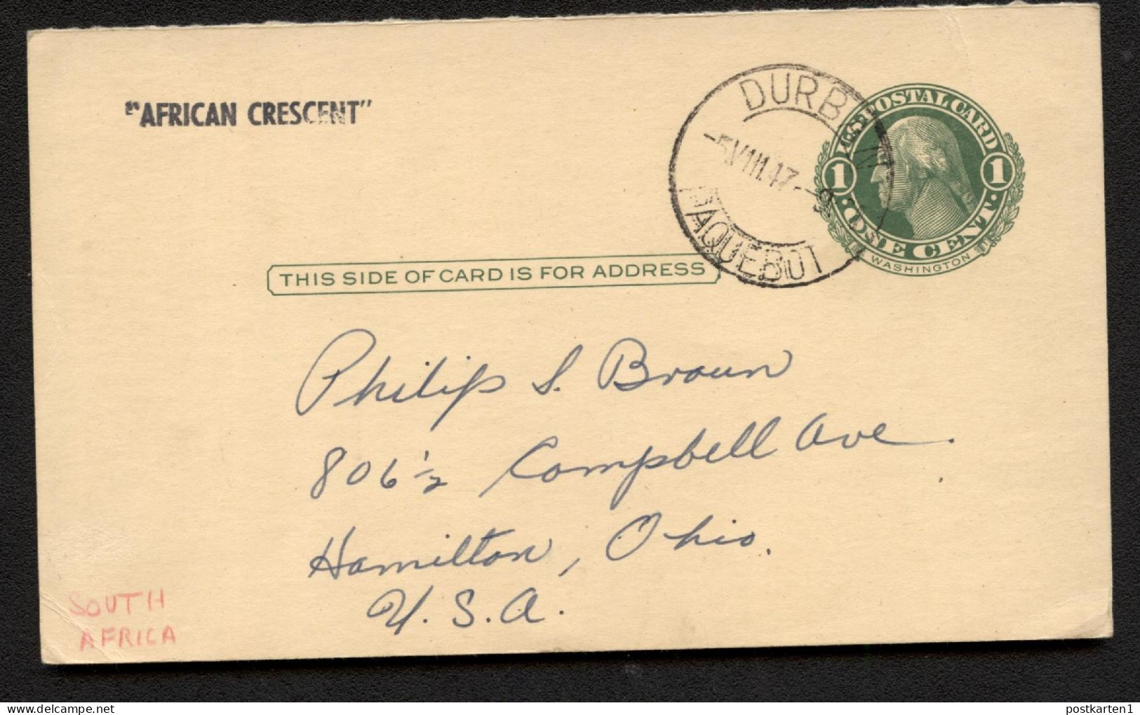 UY7m Postal Card Durban SOUTH AFRICA PAQUEBOT To Hamilton OH 1947 - 1901-20