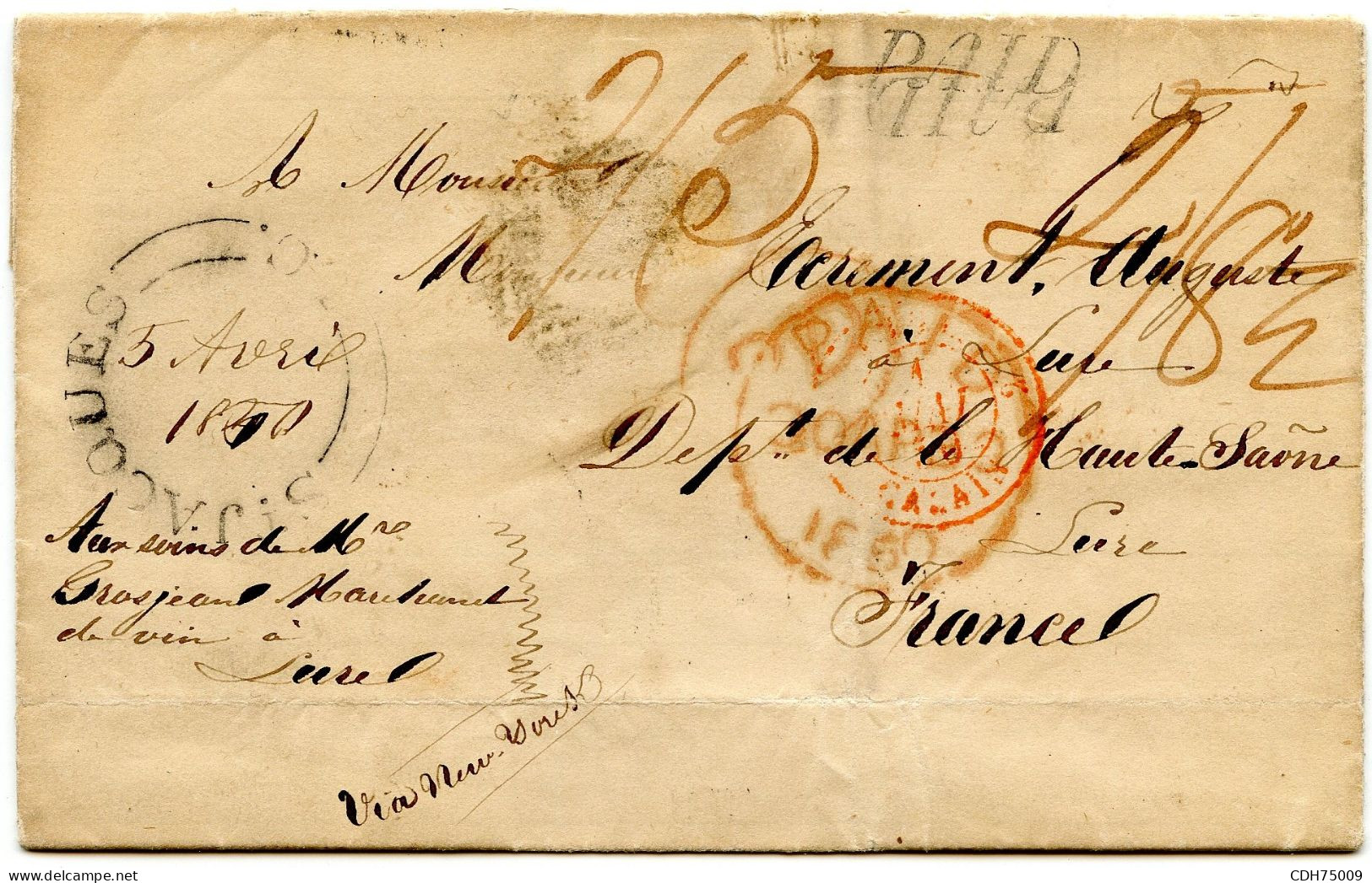 CANADA - LETTRE DE SAINT JACQUES POUR LA FRANCE, 1850 - Covers & Documents