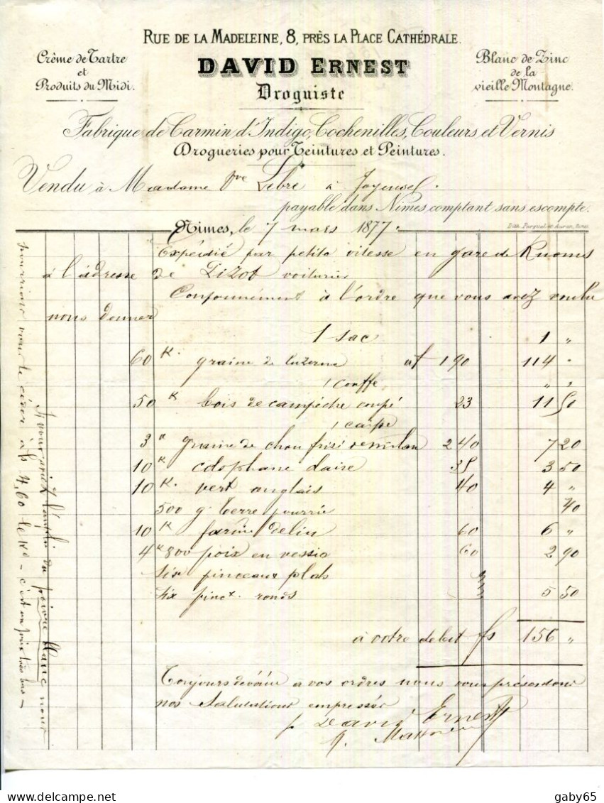 FACTURE.30.GARD.NIMES.FABRIQUE DE CARMIN,D'INDIGO,COCHENILLES.CRÊME DE TARTRE.DAVID ERNEST DROGUISTE 8 PLACE MADELEINE. - Droguerie & Parfumerie