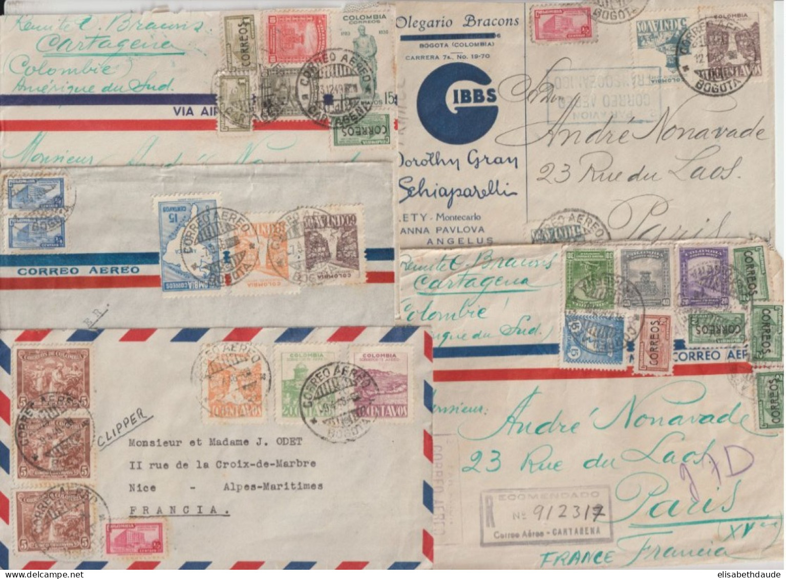 COLOMBIA - 1946/1950 - LOT De 14 ENVELOPPES Par AVION => FRANCE (NICE + PARIS) - Colombie